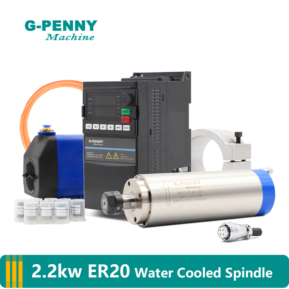 2.2Kw Water Cooled Spindle Kit Vfd - G-PENNY 2.2kW ER20 水冷スピンドルキット、2.2kW YL42/QL VFD、80mmスピンドルブラケット、75Wウォーターポンプ、コレット