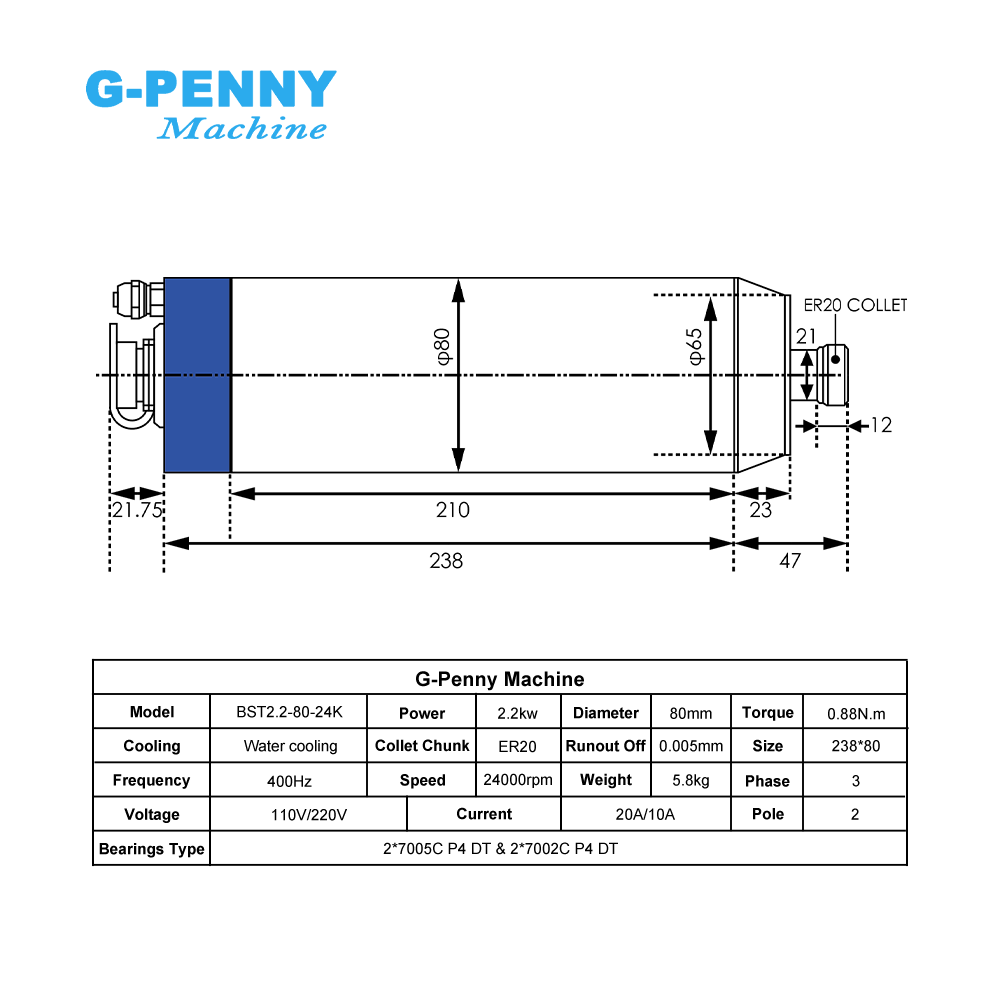 G-Penny 2.2KW ER20 バレット型水冷CNCス - 2.2Kw Water Cooled Spindle Kit Vfd のレビューと価格
